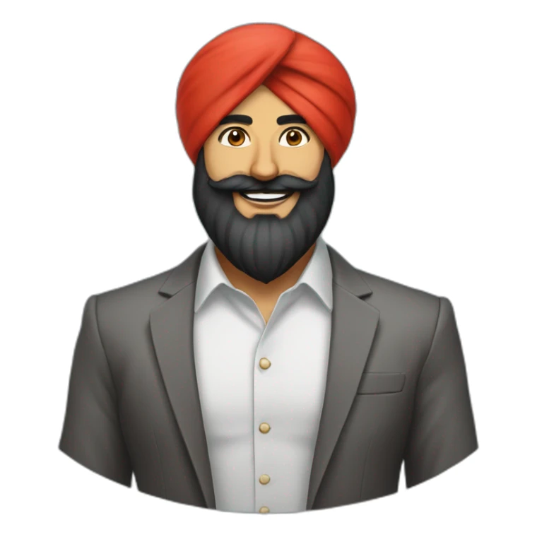 sikh businessman wearing a red turban, black full beard with moustaches, smile sticker