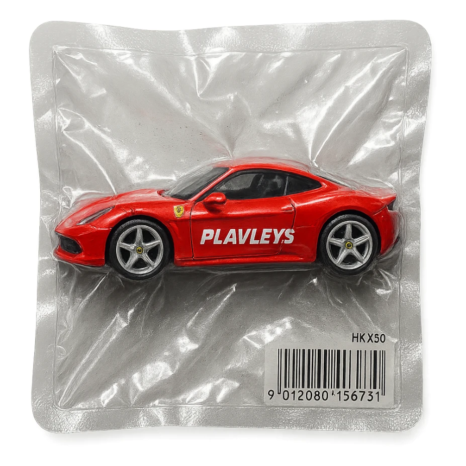 red Ferrari car with the word 'PLAVLEYS' on the side, inside a Hot Wheels style blister package, glossy and puffy, no background sticker