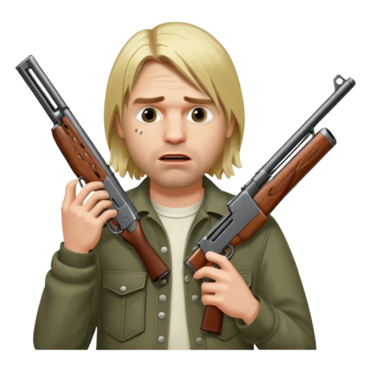 Kurt Cobain thoughtfully holds a double-barreled shotgun aimed at his open mouth. sticker