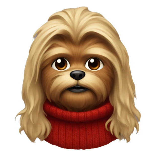 Create old shitzu blonde colored with brown nose and Chewbacca look. Red sweater turtleneck. Disheveled face  sticker