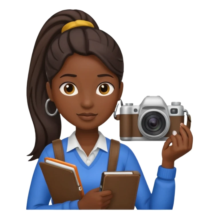 journalist dark skin woman ponytail holding camera and notebook sticker