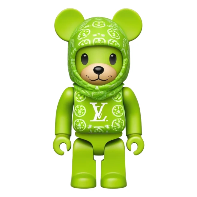 bearbrick toy wearing a lime green balaclava with LV monogram pattern sticker