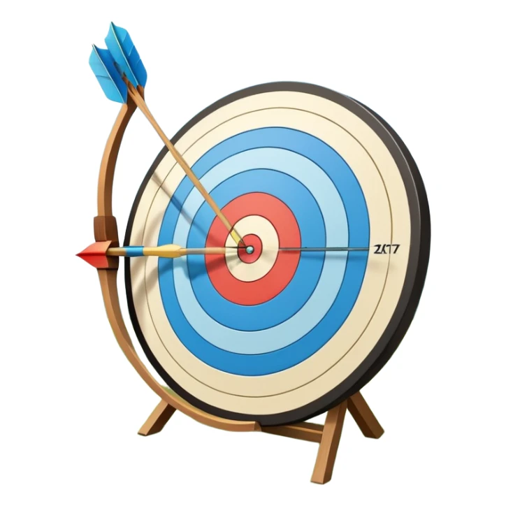 A bow with an arrow drawn back, aimed at a target with concentric rings. The background suggests a calm, outdoor archery range, emphasizing the precision, focus, and skill required in archery as a competitive sport. sticker