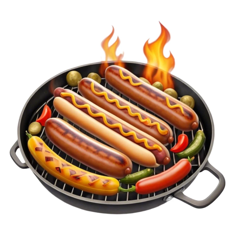 Cinematic Realistic Sausage Sizzle Dish Emoji, featuring sizzling sausages cooking over an open flame rendered with dynamic textures and warm, smoky lighting. sticker