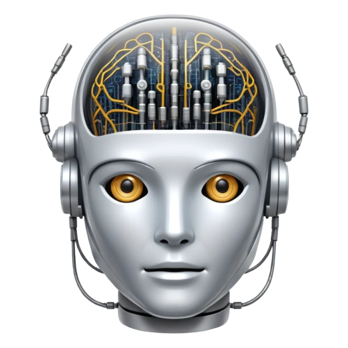 An icon featuring a humanoid robot head, neural network connections, and binary code, symbolizing artificial intelligence. The design includes a brain with circuits and machine learning algorithms, representing the study and development of intelligent systems. Transparent background  sticker