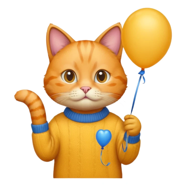 orange Cat hold blue balloon, yellow sweater sticker