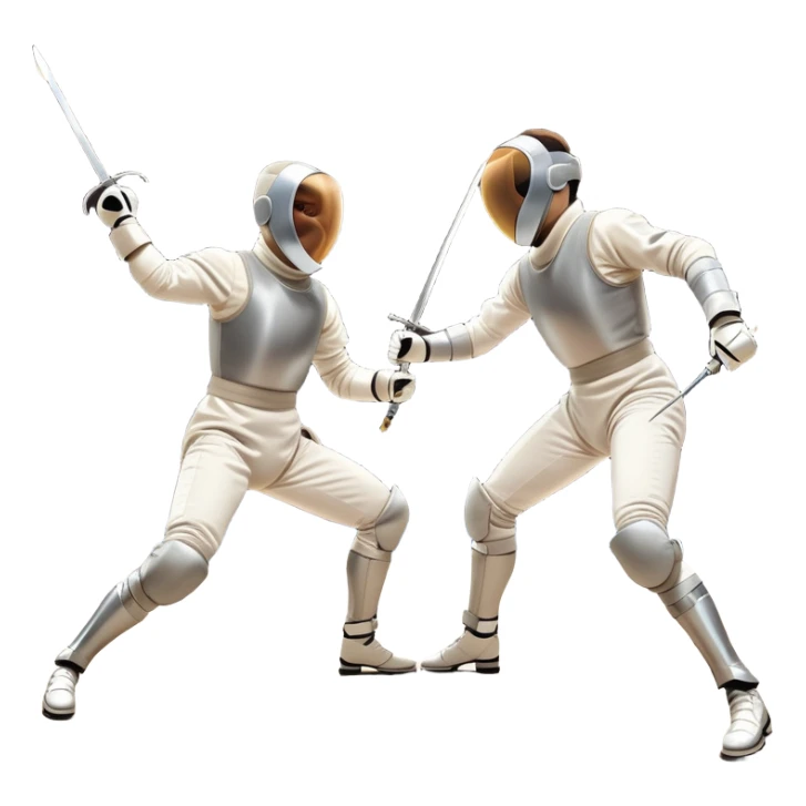 Two fencers in full protective gear and masks duel on a professional piste, swords clashing mid-air. Dynamic lunges and defensive stances highlight the intensity of the sport. The background features a stylized fencing arena with bright lights. Transparent background sticker