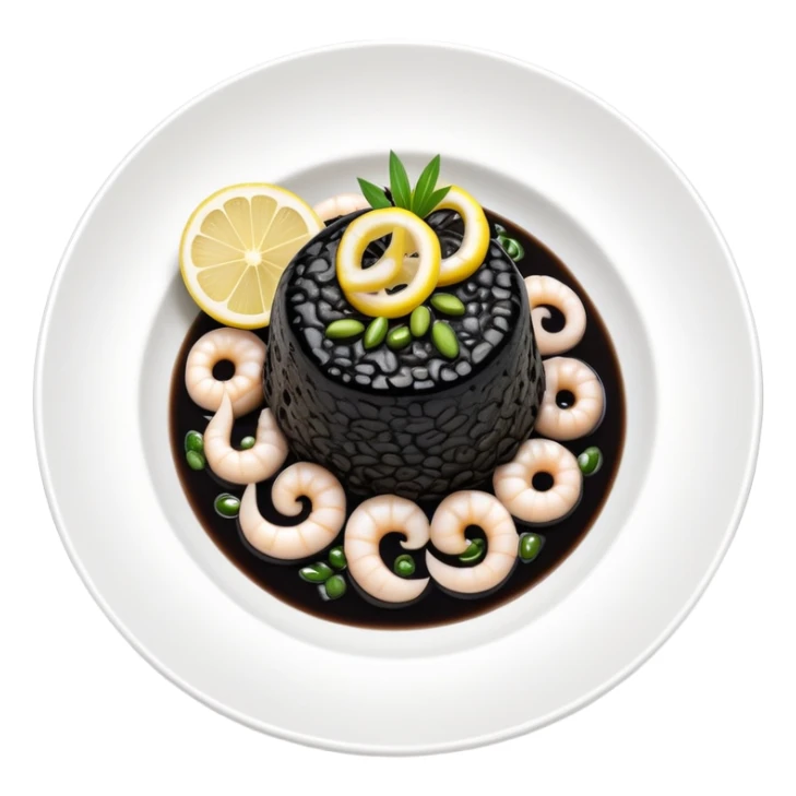 cinematic-realistic-black-risotto-dish,-showcasing-small squid pieces in black sauce -rendered-with-bold-textures-and-dynamic,-dramatic-lighting in a white plate with a grilled lemon on top sticker