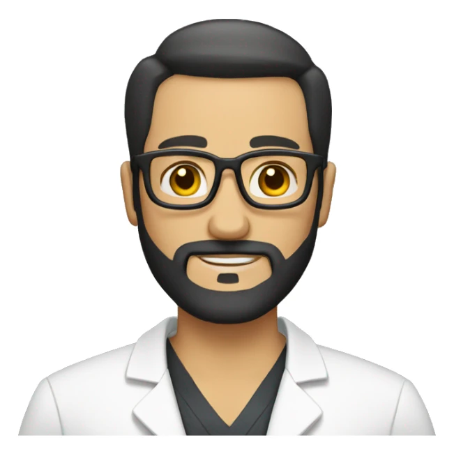 Bald tan male doctor with black beard and a crown sticker