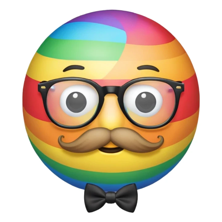 a rainbow ball with no nose  with a mustache and glasses and a bow tie sticker