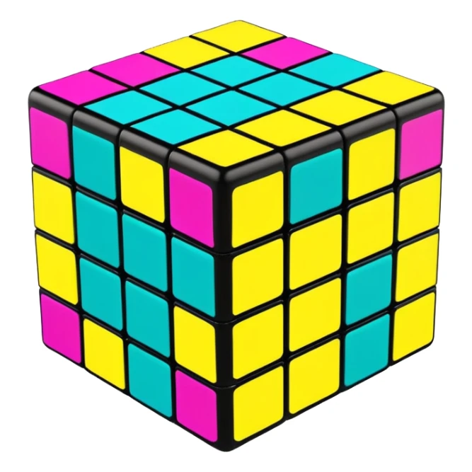 A 3x3 Rubik's Cube with 90s American graffiti-inspired colors, black edges, viewed from an angle, neon yellow, teal, and magenta sticker