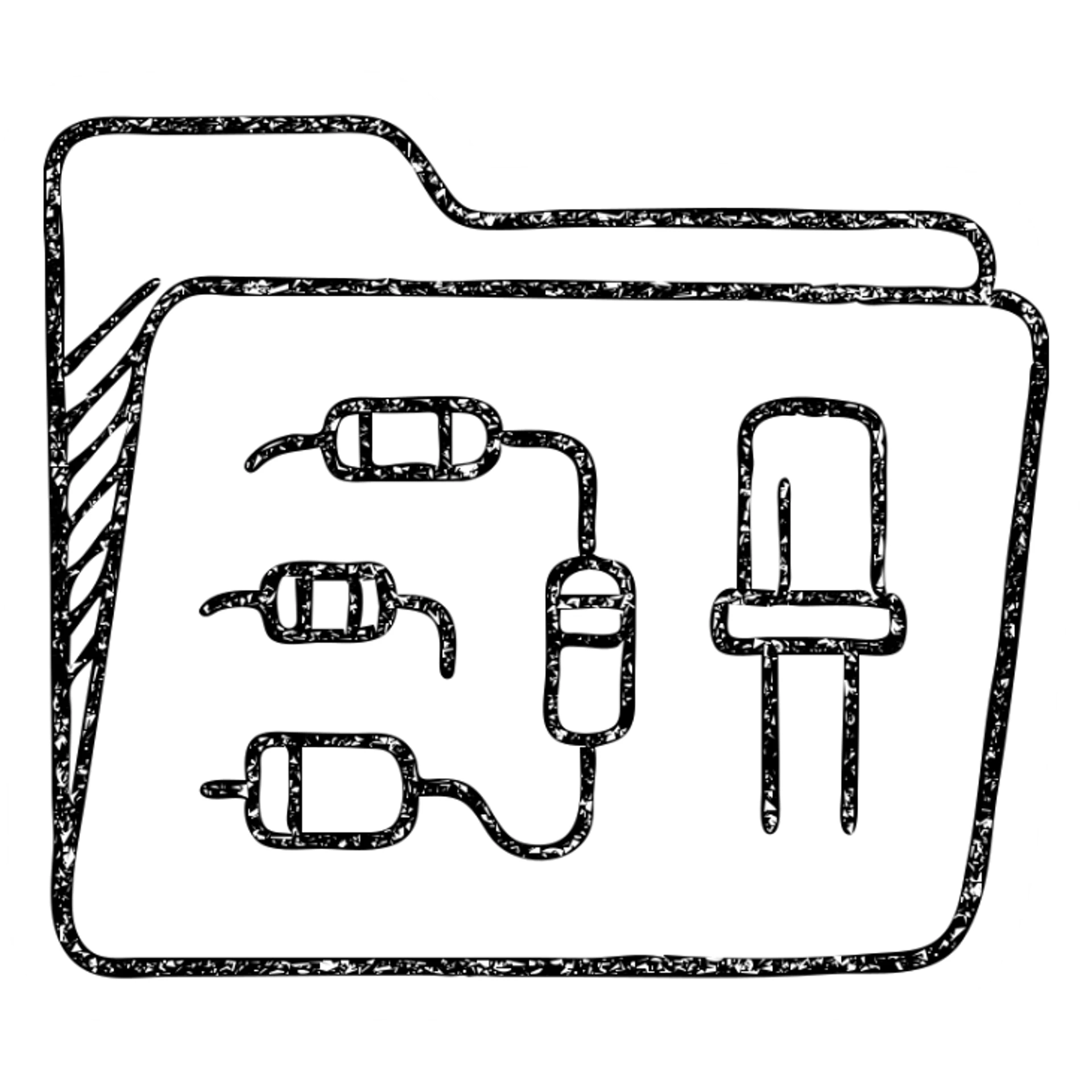 hand-drawn outlined folder icon with electric parts, sketchy style, visible resistors and capacitors sticker
