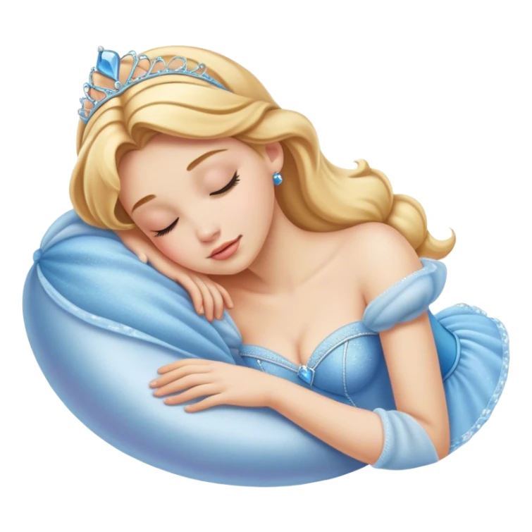 Cinematic Realistic Sleeping Cinderella Portrait, portrayed with exceptional realism: her luminous porcelain skin and exquisitely detailed golden-blonde hair lie softly under the gentle caress of natural light. Her eyes are peacefully closed in a serene, dreamlike slumber, and every fold and shimmer of her iconic ball gown is rendered with painstaking detail. The overall composition radiates a quiet, enchanting glow that encapsulates the timeless, restful beauty of a princess lost in a gentle, magical dream. sticker