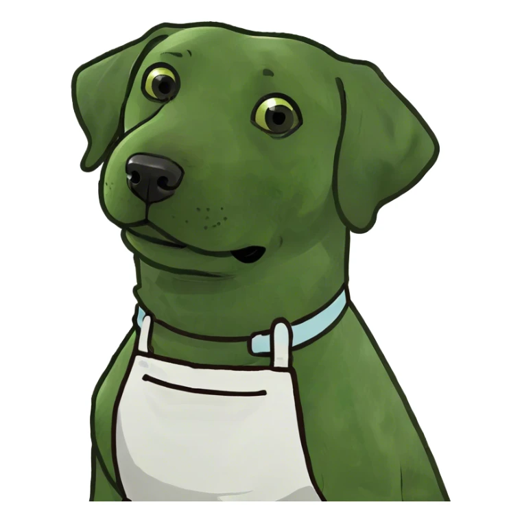 Labrador Retriever with apron standing over a stove with boiling pots  sticker