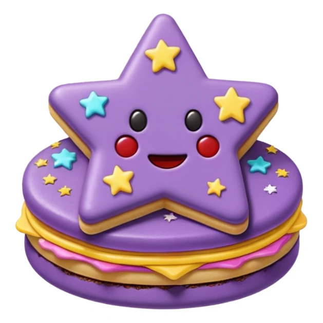 a pastel purple sandwich cookie with soft crumbly texture, a star-shaped jam cutout in the center showing glossy dark berry filling, and creamy filling with colorful sprinkles. Minimal emoji style, smooth shading, high detail, centered object, no background, sweet playful vibe sticker