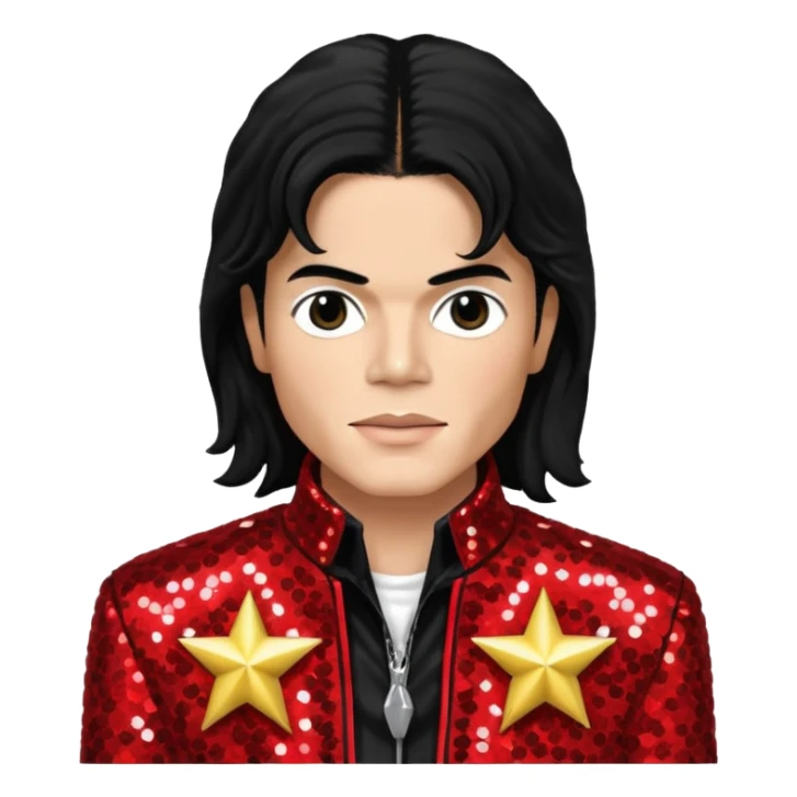 Michael Jackson with black long hair, red sequin jacket, black shirt, light skin sticker
