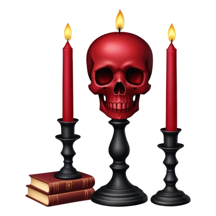 Dark Red candle on a black stand, books, skull, gothic style, beautiful aesthetic  sticker