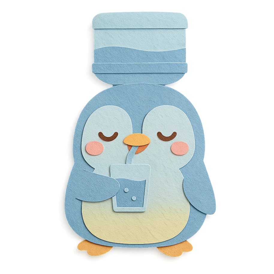 chibi water purifier-penguin hybrid, sipping water, content face, pastel blue, full-body sticker