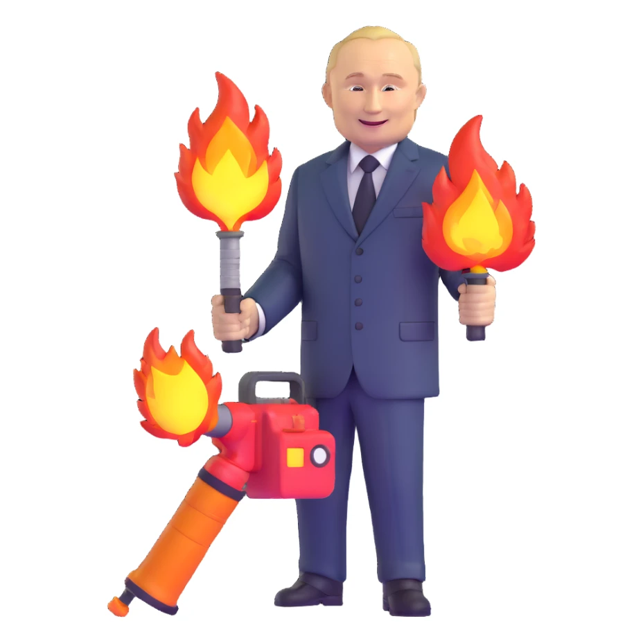 Vladimir Putin smiles and holds a flamethrower sticker