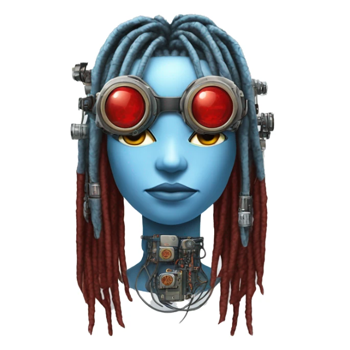 Light blue long dreadlocks female cyborg head with red steampunk goggles and circuits sticker