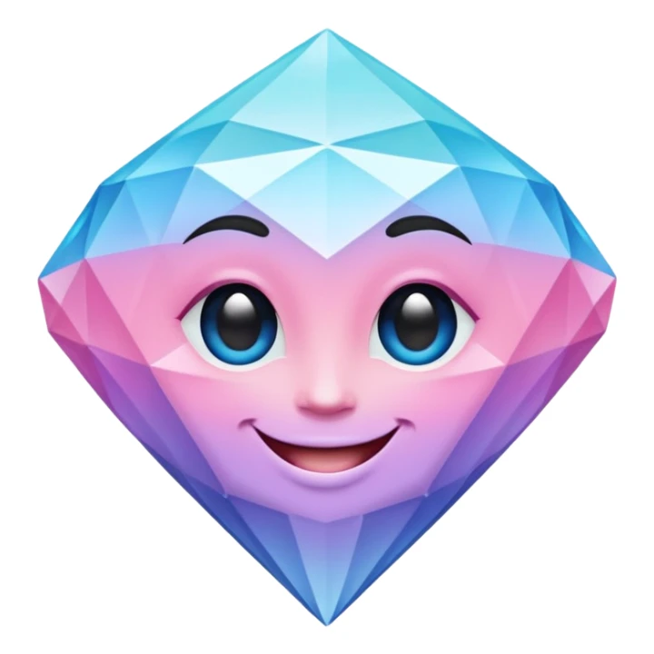 A cheerful diamond logo with a black outline and a smiling face, set against a pastel gradient of pink, blue, and lavender. Smaller diamonds surround it, forming a larger diamond pattern. Playful yet sleek, perfect for branding, digital media, sticker