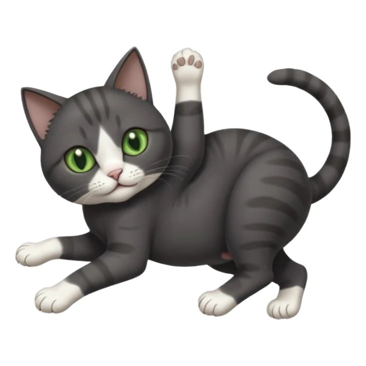 solid dark grey cat with green eyes, white toes/paws and white patch on her chest playfully rolling upside down sticker