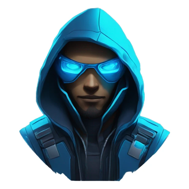 developer behind his laptop with this style : crysis Cyberpunk Valorant neon glowing bright blue character blue black hooded assassin themed character sticker