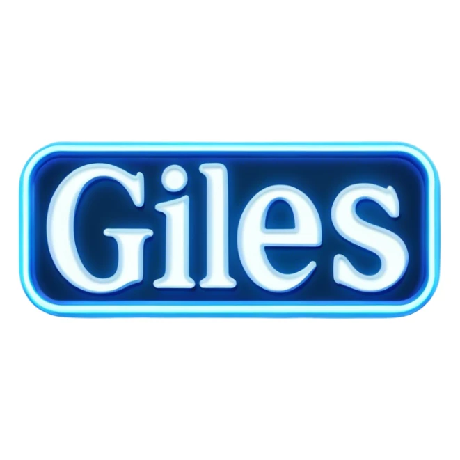 Blue neon sign with the word Giles sticker