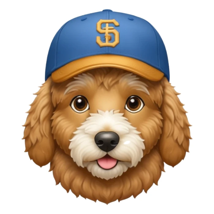 Golden doodle wearing a San Diego Baseball cap  sticker