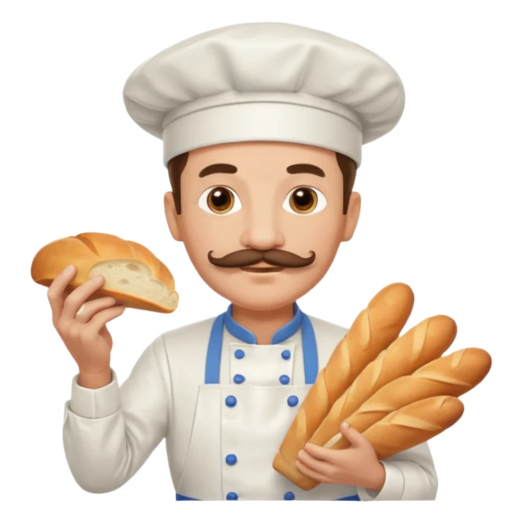 Middle aged male pastry chef - with a mustache, apron, white hat, holding bread sticker