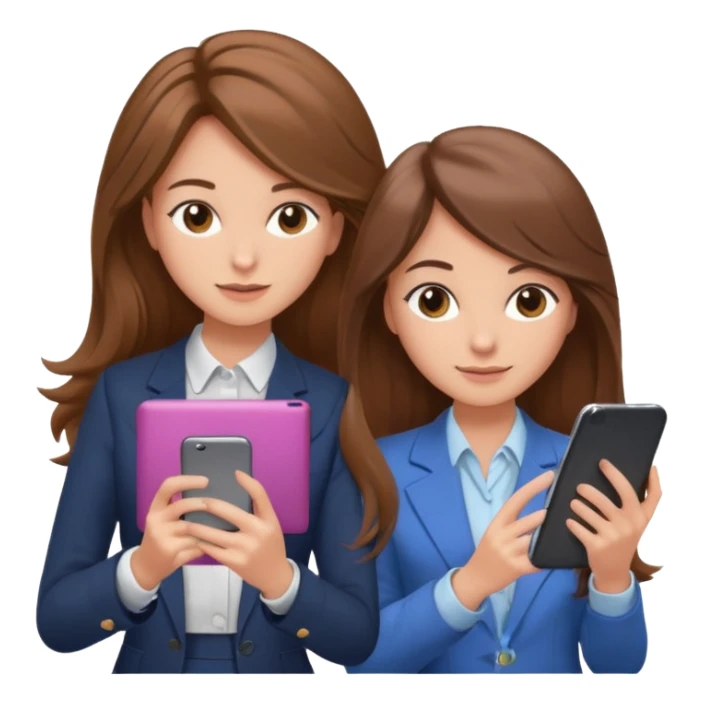two brown haired girls, looking professional maybe leaned back on back and looking forward and using phones, with longer hair and with some cute clothes without ties, blowout hair, one girl can hold lap top athoer one can hold the phone sticker