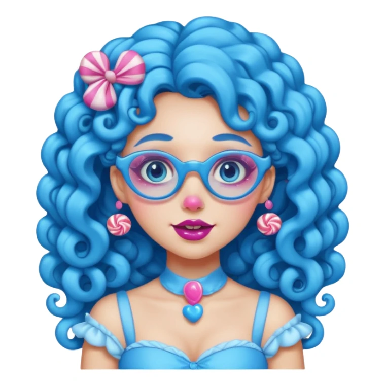 blue long curly haired princess of the candyland, with candy makeup candy glassess and just face sticker