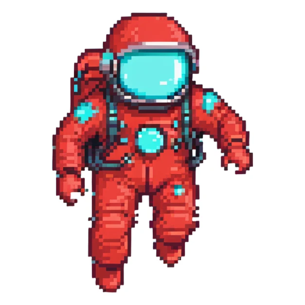 a man in a red spacesuit with a cyan visor, pixel art, floating in space sticker