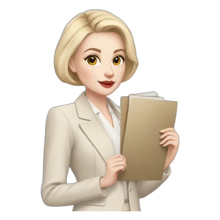 pale skin woman with ash blonde Straightened bob Hair, White Spacious classical jacket, beige palazzo Arrow pants and gray blouse holding a color palette in the hands sticker