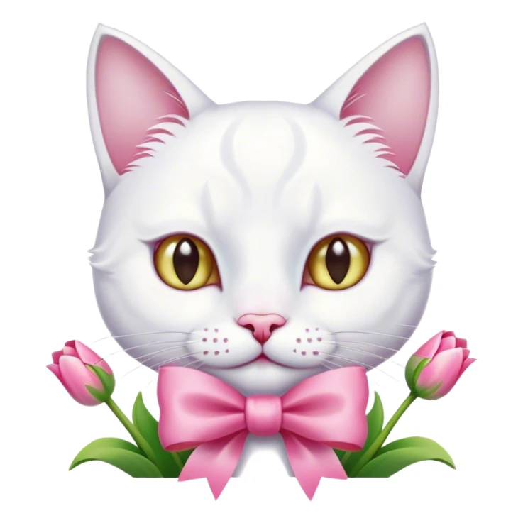 White cat with pink bow and tulips sticker