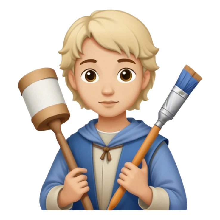 young apprentice painter with roll of drawings, medieval age sticker