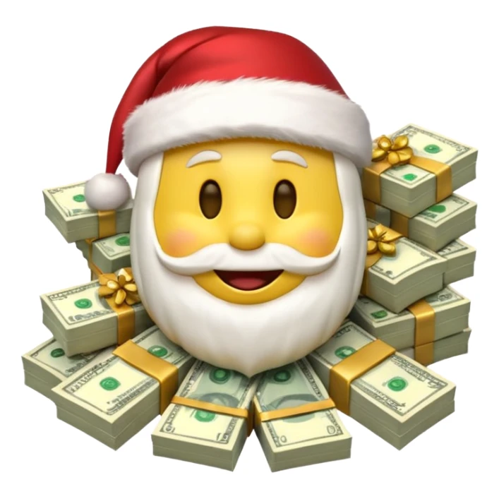 A festive 3D emoji style yellow smiley face wearing a Santa hat, surrounded by stacks of cash and dollar bills, joyful expression, Christmas and New Year theme, high quality, clean design, studio lighting, no text, no background, isolated object, transparent background, emojis.com style sticker
