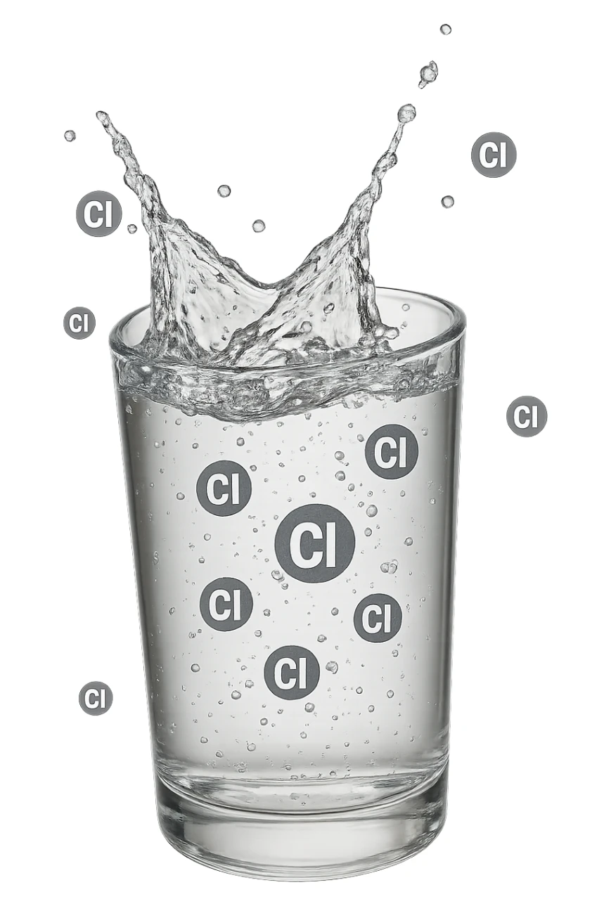 un bicchiere di acqua cade verticalmente dall'alto realistico e dettagliato, dentro l'acqua del bicchiere ci sono particelle di cloro ben visibili con la scritta "Cl" sopra, ci sono particelle anche che escono dal bicchiere e fluttuano in aria verticalmente, mentre alcune sono all'interno dell'acqua nel bicchiere, iperrealistico 4k sticker