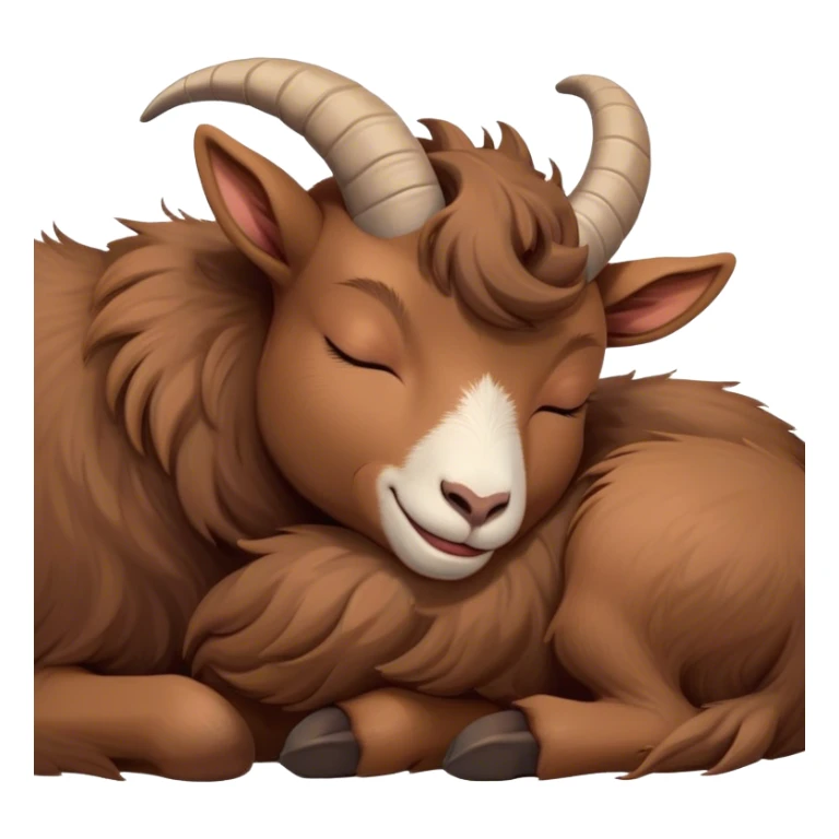 Meme-Worthy Cute Sleeping Brown Goat Portrait Emoji, Head resting peacefully with a contented smile, showcasing a robust build and a luxuriously soft brown fur, eyes shut in a serene, restful nap, Simplified yet hilariously adorable features, highly detailed, glowing with a soft, drowsy light, high shine, relaxed and utterly lovable, stylized with an air of playful laziness, bright and heartwarming, soft glowing outline, capturing the essence of a comically sleepy goat, so meme-worthy it feels like it could instantly become the next viral sensation of adorable slumber! sticker