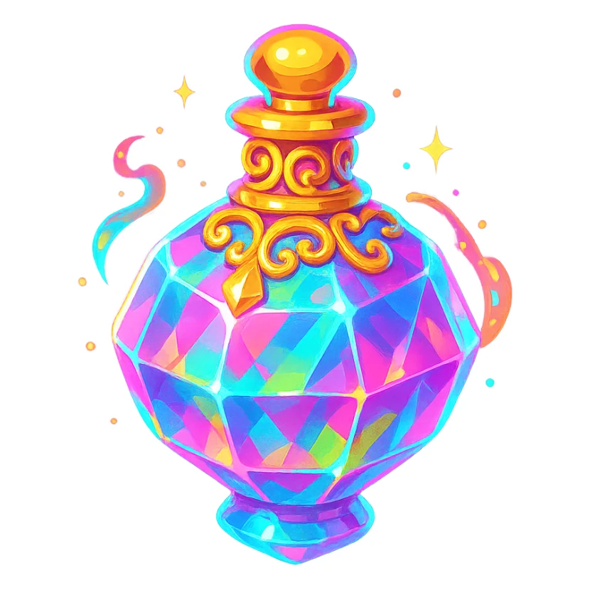 crystal luxurious elixir bottle in colorful chewing gum style, bright colors, lots of glow, edges, ornaments, golden details, magical effects, very small golden neck, transparent background, beautiful seamless bottom, bottle clearly floating in air, no base or shadow, very luxurious, playful, matching a collection sticker