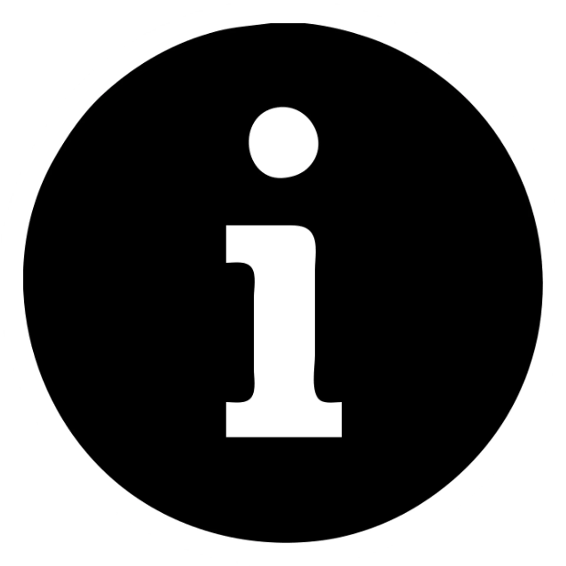 minimalist information icon with letter i in a solid black filled circle sticker