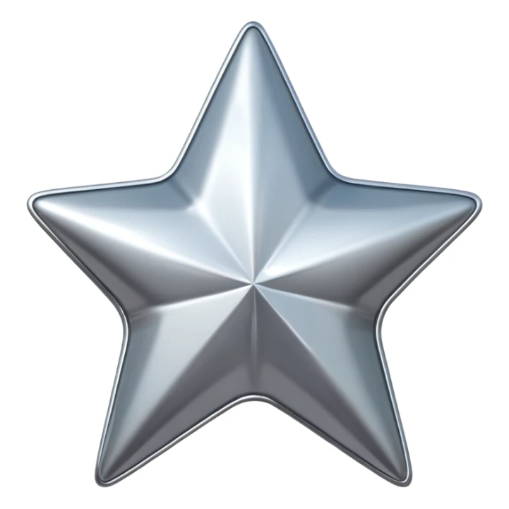 Chrome silver star emoji, iOS emoji style, glossy metallic surface, soft reflections, minimalistic, centered, clean white background, high detail, smooth gradients sticker