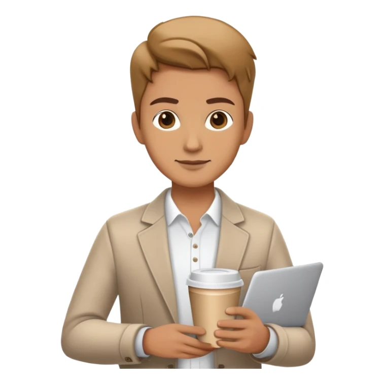 business owner confidently, holding a closed laptop in one hand and a takeaway coffee cup in the other. The character wears casual-smart clothes. sticker