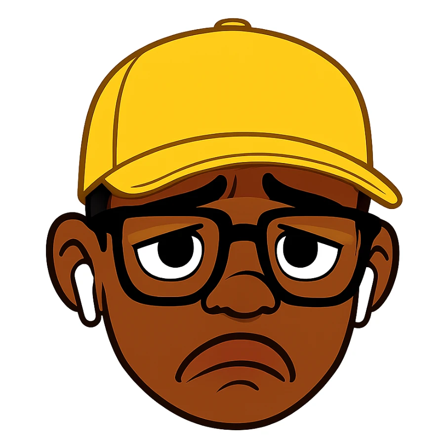 Redraw the character in a 3D Disney style with a sad expression, wearing a yellow cap, glasses, and earbuds. Keep the same details and expression. Use a transparent background. sticker