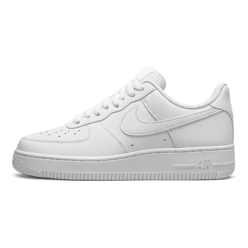 Nike Air Force 1 sneaker, classic white, side view, minimal background sticker