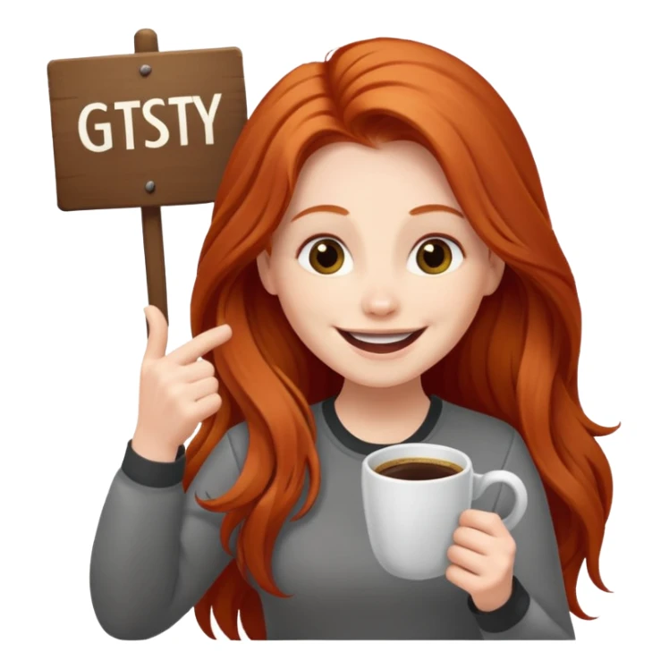 Excited long haired redhead drinking coffee holding sign in front saying GTSY sticker