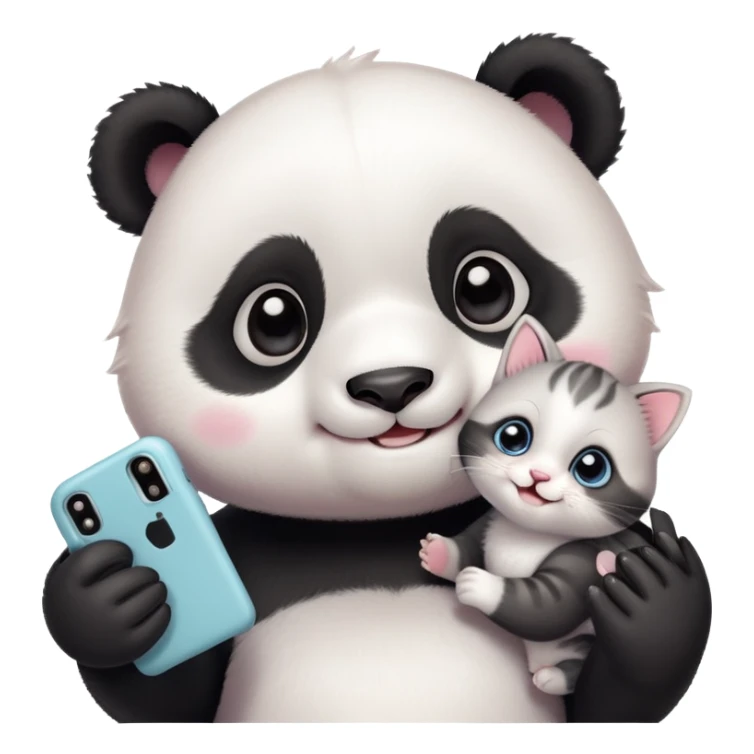 A cute baby panda taking a selfie with a small kitten, both smiling and looking at the camera, cartoon style, pastel colors, soft background, ultra cute, kawaii style, detailed, high resolution
 sticker