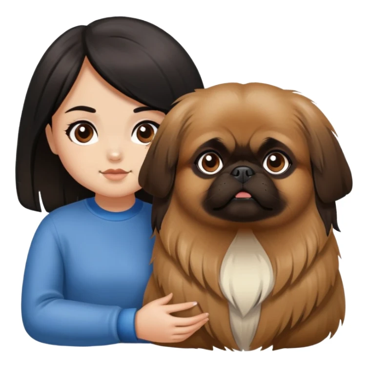 A brown coated Pekingese with a black long hair girl sticker