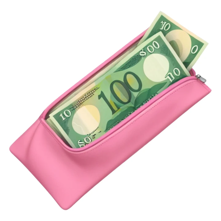 Forest Green Australian $100 long rectangle money notes overflowing in a pink pouch sticker