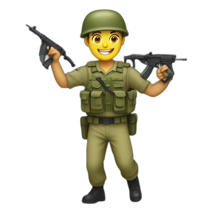Israeli soldier, olive green uniform, dancing, gun in hand, smiling sticker